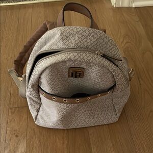 Tan Tommy Hilfiger Geometric Pattern Backpack with Leather Straps